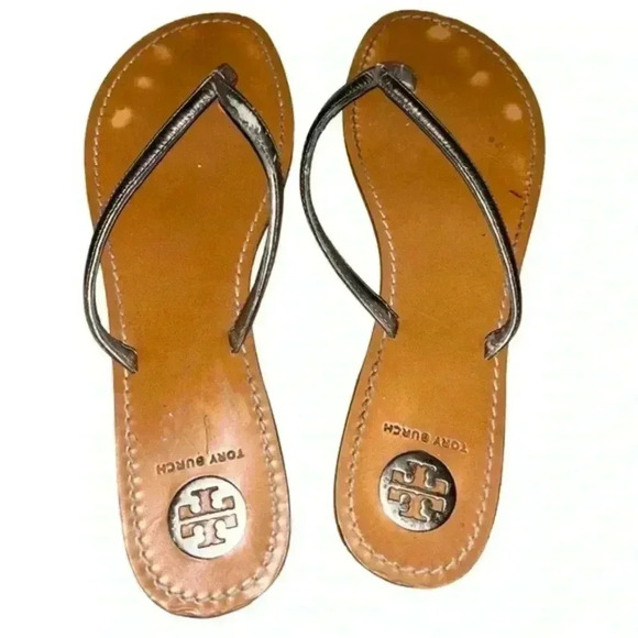 Silver Tory Burch Leather strapped Flip‎ Flop Sandals, Size 10 - Picture 5 of 7
